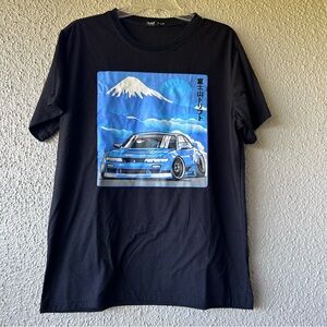 ROMWE Black Tee with Blue Car and Mountain Graphic large